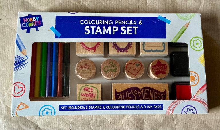 20pc Hobby Corner Colouring Pencils & Ink Stamp Set: 9 Stamps, 8 Pencils, 3 Inks