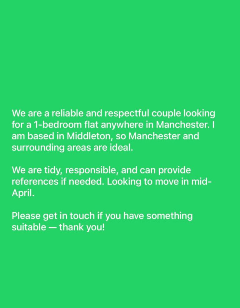 Couple Seeking 1-Bed Flat/house in Manchester – Mid-April Move”