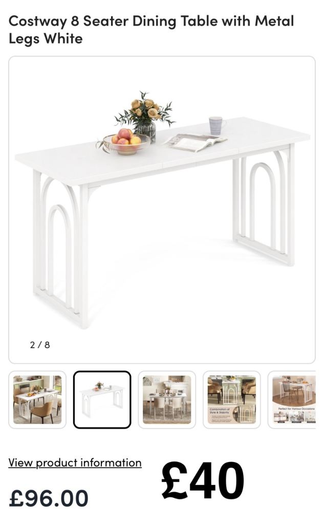 Costway 8 Seater Dining Table – White, Metal Legs
