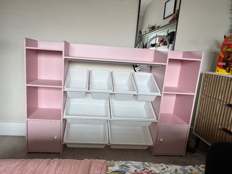 Pink Nursery Storage Unit with Bins – Good Condition