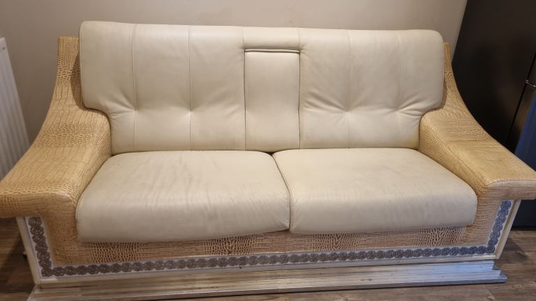 Cream Leather and Rattan Two-Seater Sofa – Good Condition