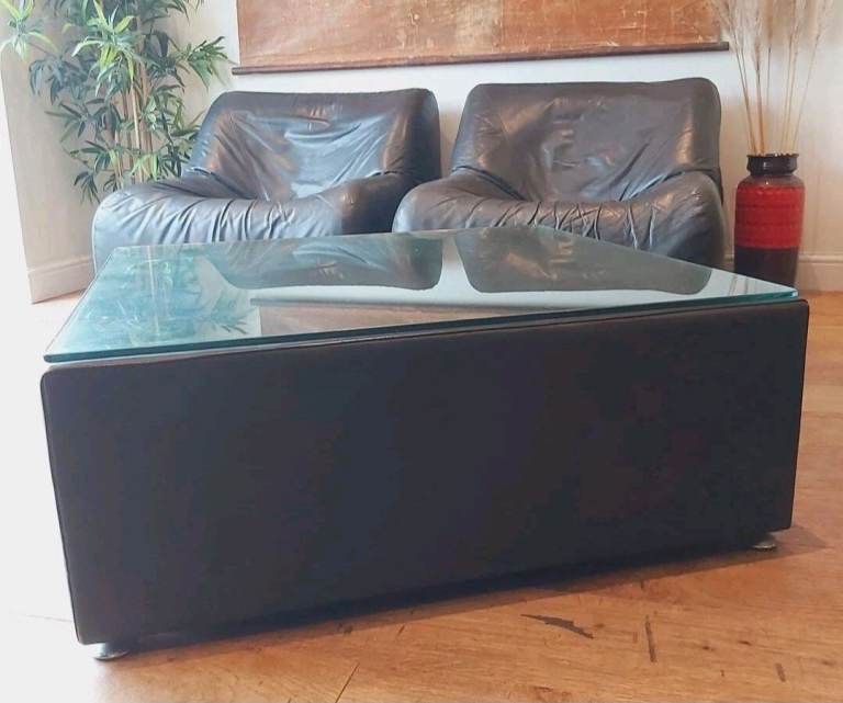 Vintage black leather coffee table 