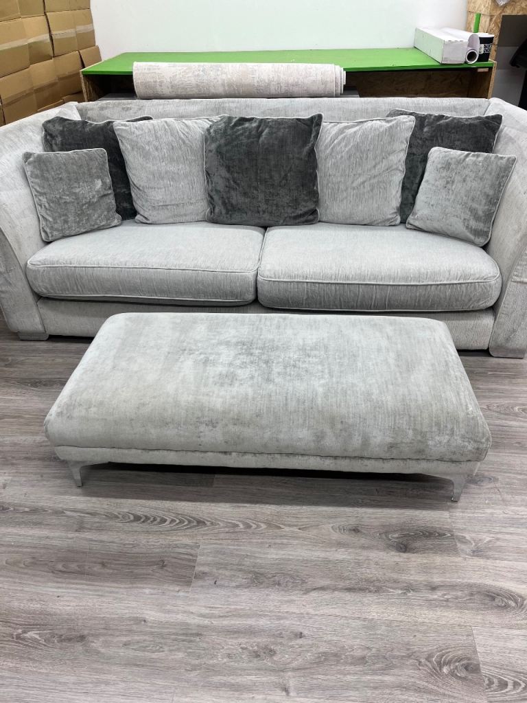 Silver grey suede sofa, cuddle chair & footstool