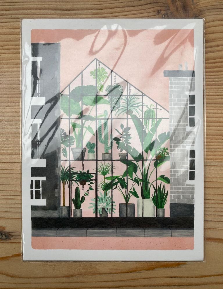 Greenhouse, botanical print. Illustration, plants.