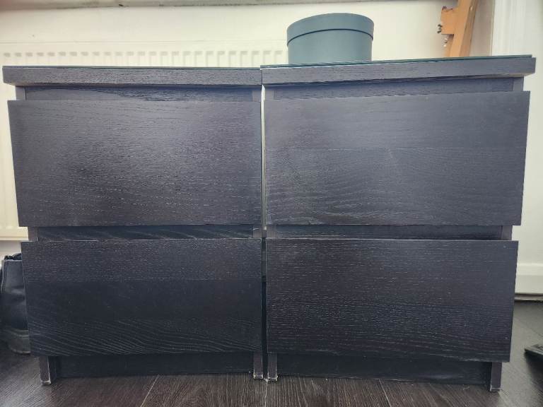Ikea Malm Dark Brown Bedside Draws with Glass Top  
