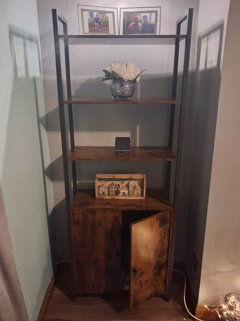 Rustic Brown/Ink Black 6 Tier Bookcase, Tall Bookshelf with storage and double doors. 