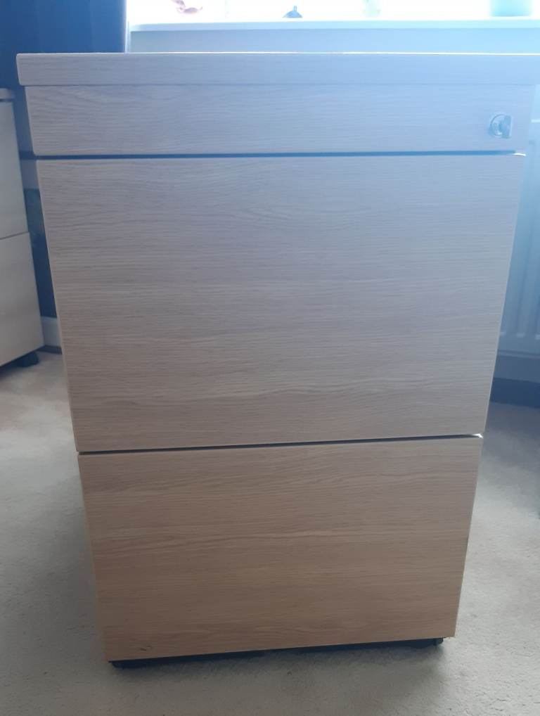 Two-drawer deep-sized filing cabinet, light wood coloured, with lock/key, excellent condition