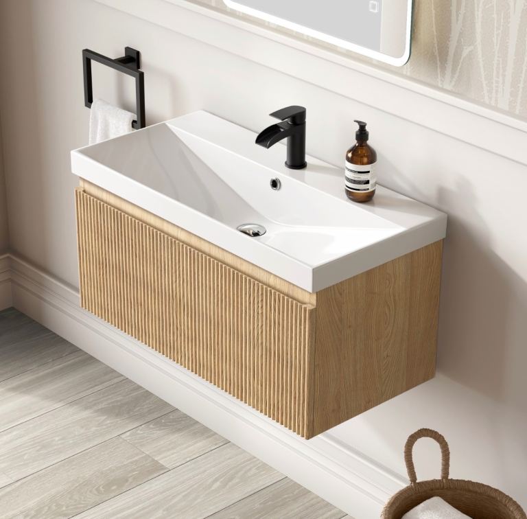New Wall-Mounted Vanity Unit with Integrated Basin - Oak Finish