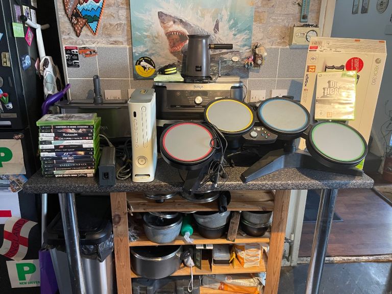Xbox 360 Console with Rock Band Drums and Games