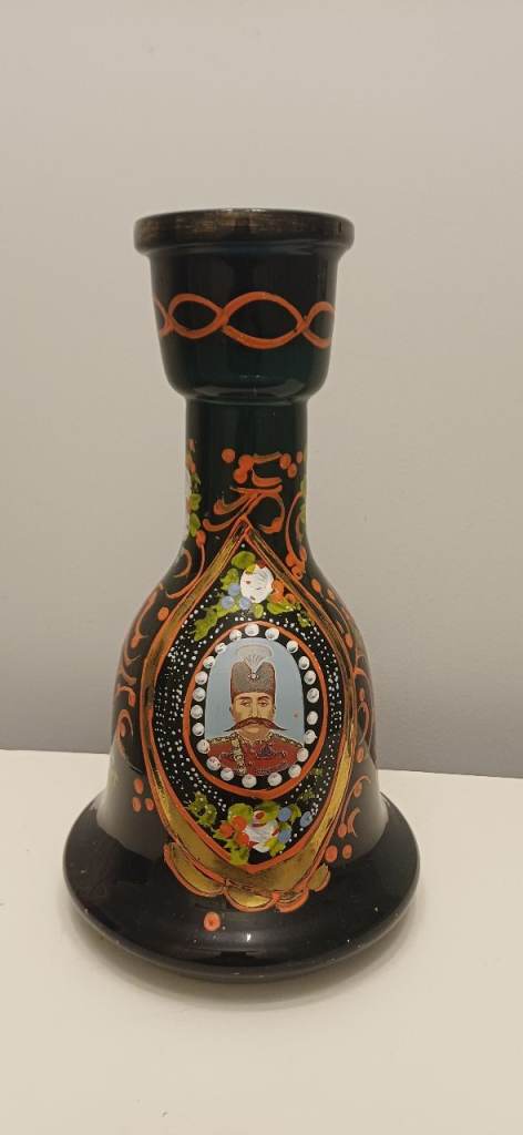 Antique Hand Painted Art Glass Persian Hookah Base With Portrait Of Shah Qajar