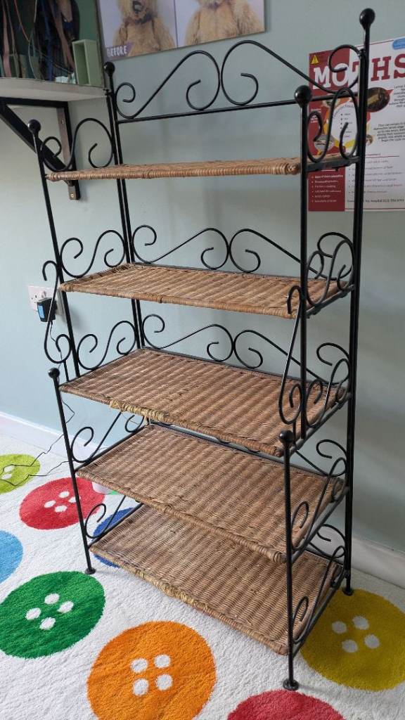 Vintage 5 tier wrought iron and Rattan Woven Shelf Unit