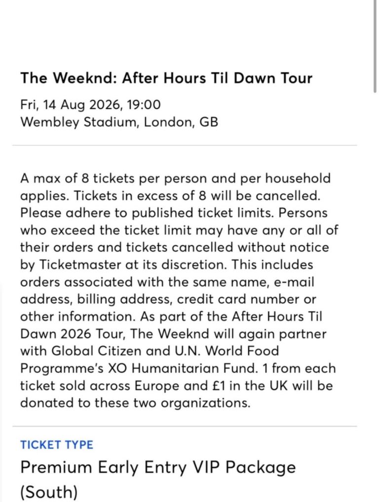 The Weeknd Concert Ticket - Wembley Stadium, August 2026