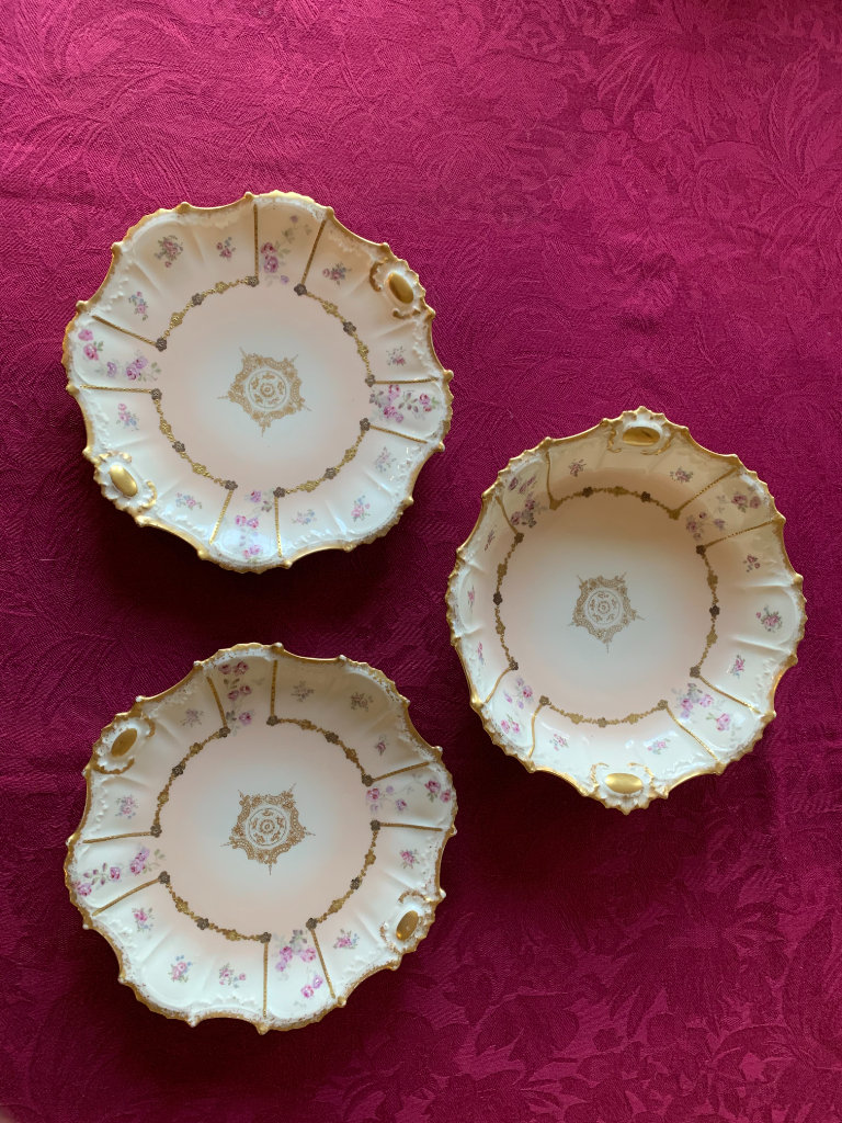 J.C Limoges French Floral Pink Tone Gold Edged Bowl & Two Matching Plates Era 1900-1914
