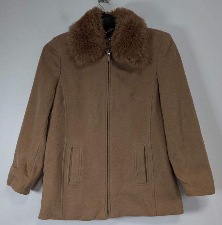 David Barry Coat Womens UK 12 Brown Brushed Winter Faux Fur Collar Full Zip
