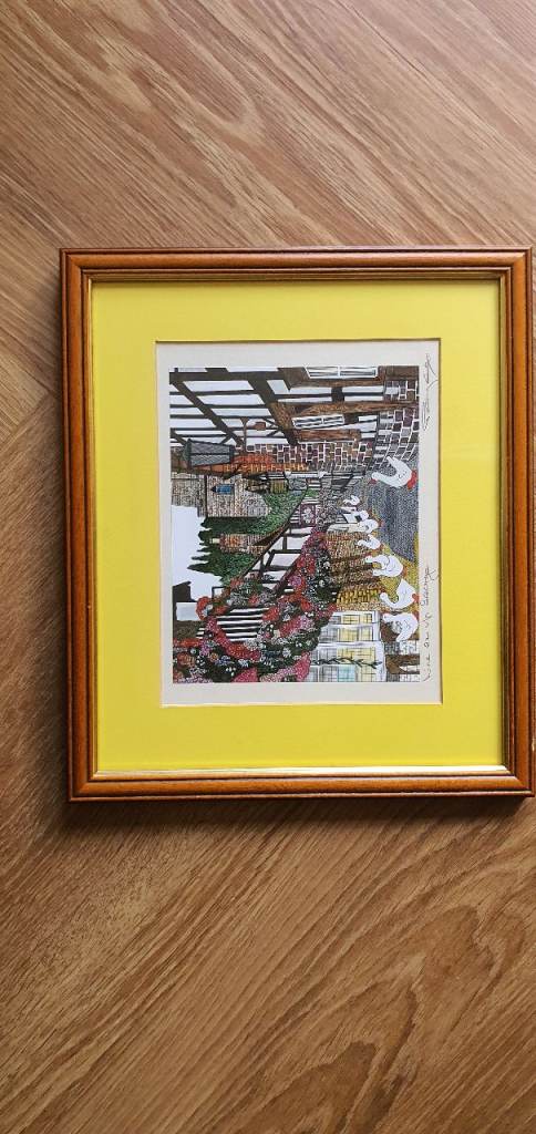 Signed 1997 Penny Cox Original Lithograph Framed 31x28cm PRINT - LINE EM UP GEORGE