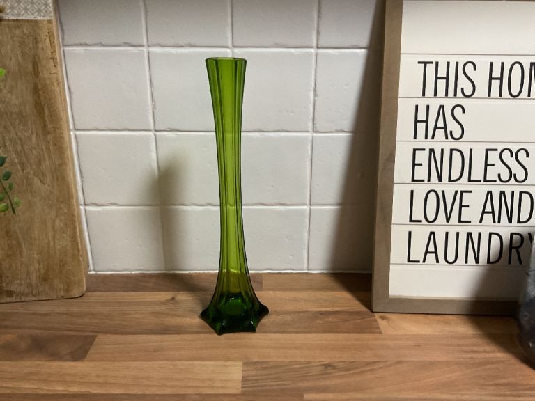 Vintage Tall green trumpet vase