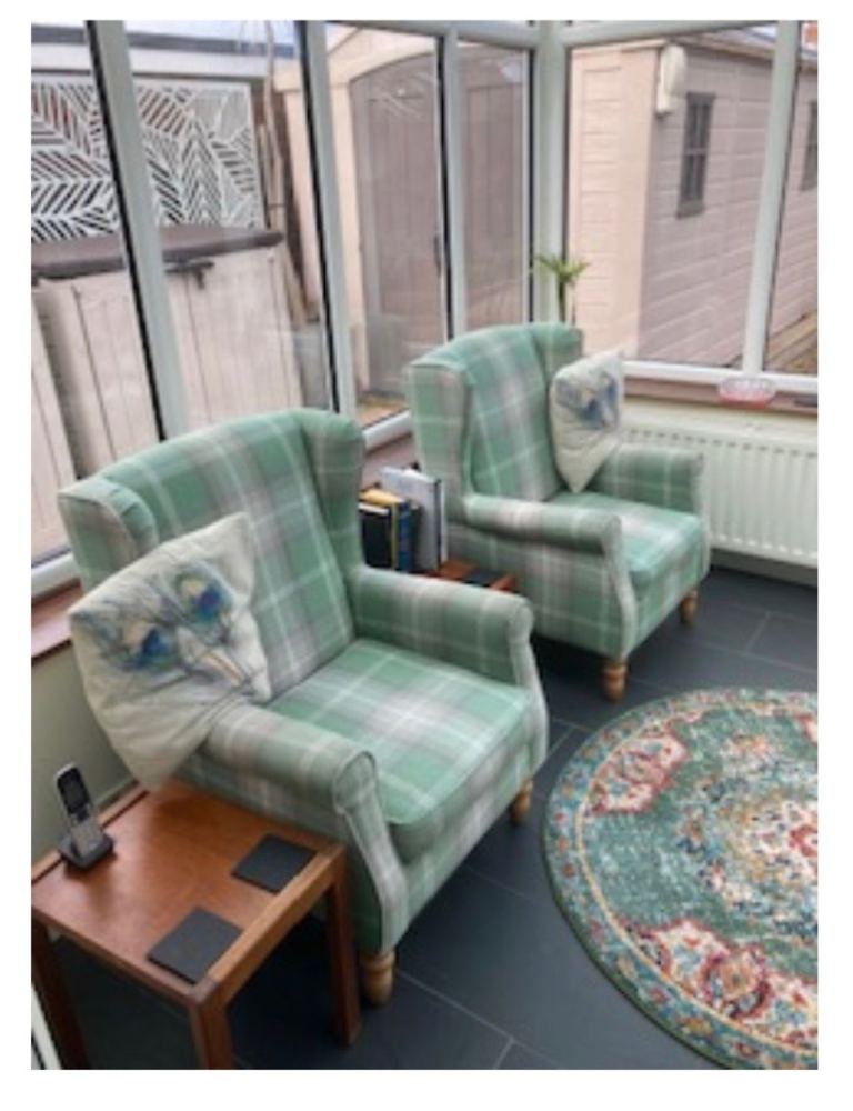 3 DUNELM DINING ROOM BEDROOM GREEN CHECK WINGBACK CHAIRS VGC