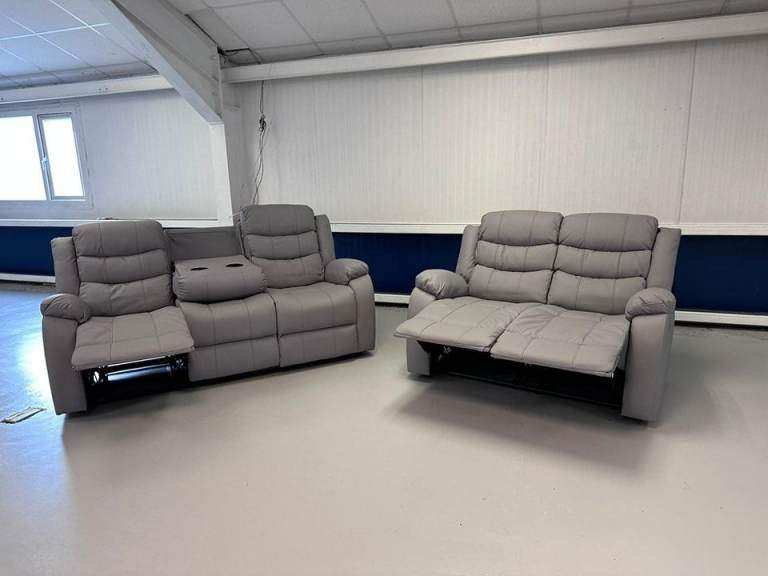 Brand New 3+2 Recliner Sofa Set | Faux Leather | Grey & Black | Cup Holders | Pay On Delivery