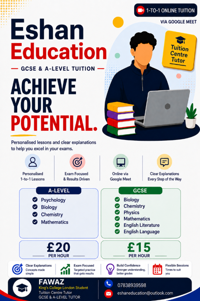 GCSE & A-Level Tutor | Maths | Biology |Chemistry | Online Tuition £15/hr Tower Hamlets