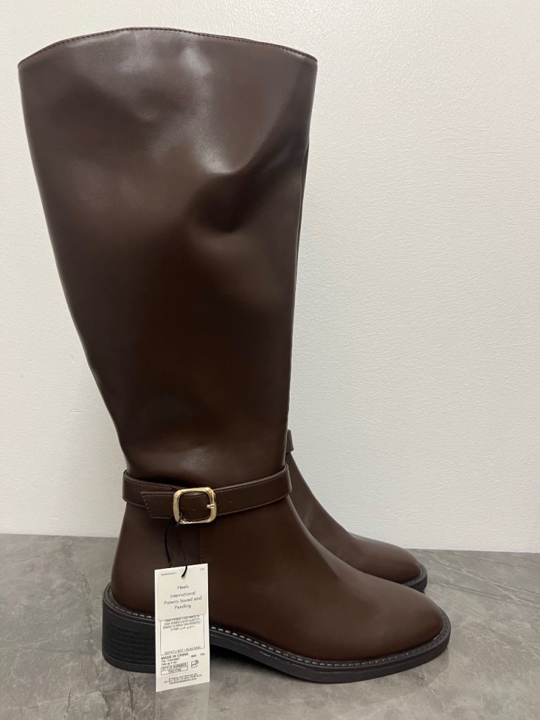  M&S Brand New Brown Knee-High Boots with Gold Buckle Detail