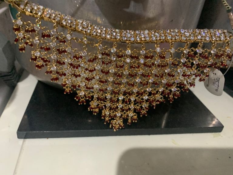 New Gold and Red Beaded Necklace Set with Earrings