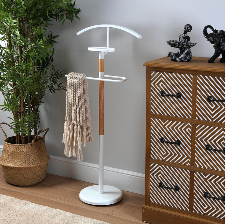 Modern valet stand: white neutral and light wood for hats, scarves, clothes, towels and more 
