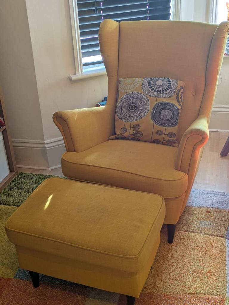 IKEA Yellow Fabric Wingback Armchair with Matching Footstool