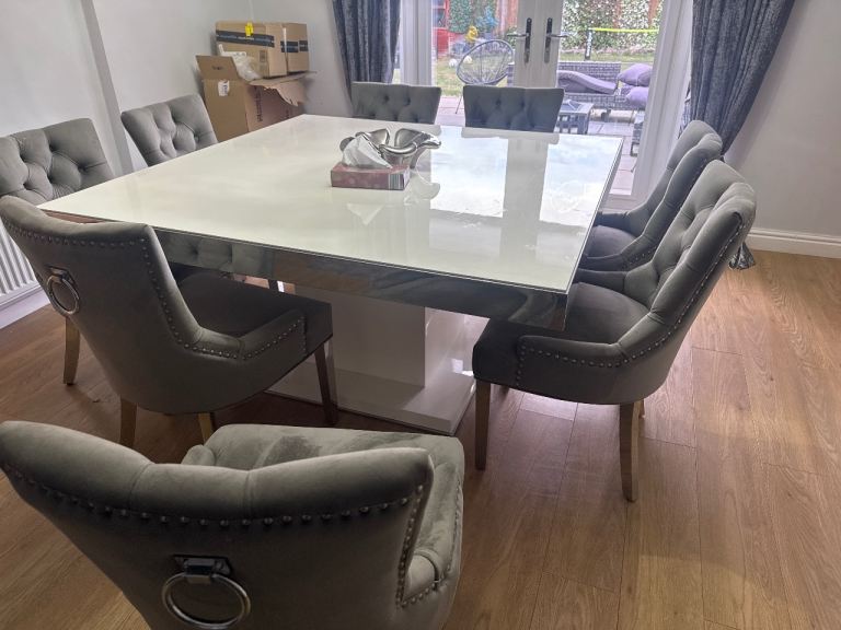 Modern Grey Dining Table and 8 Chairs Set – Good Condition