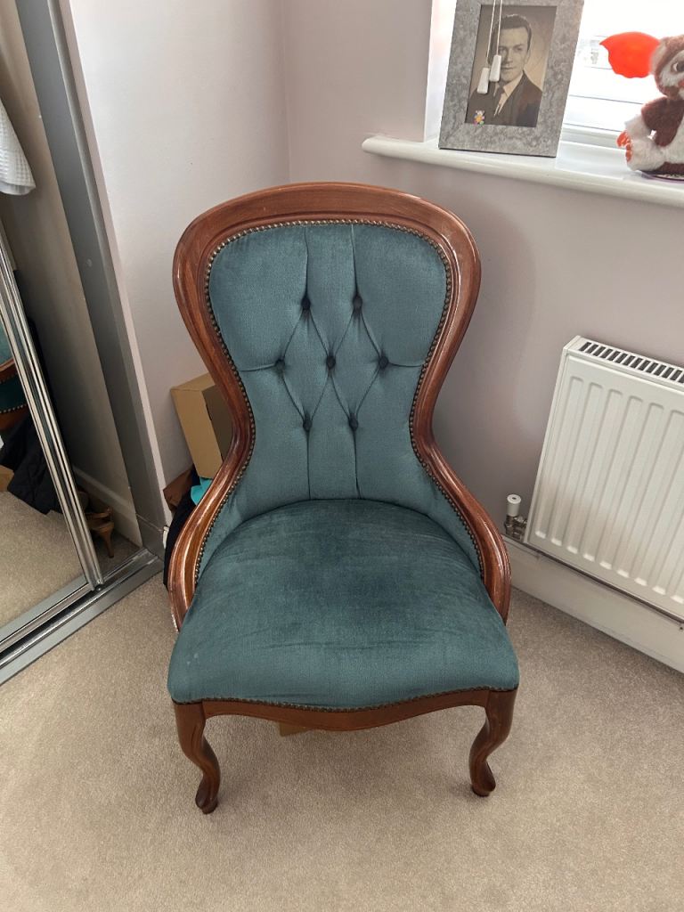 Vintage Style boudoir  Chair with Blue velvet Upholstery – Good Condition