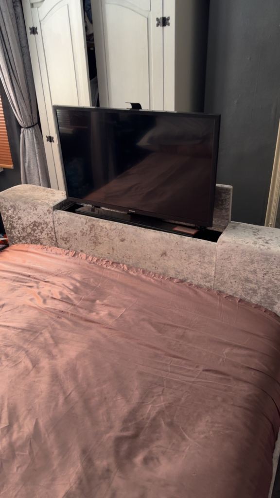 King Size TV Bed Frame - Grey Fabric with TV