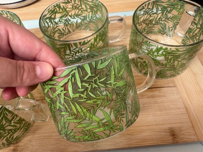 Set of 5 Glass Mugs with Green Leaf Design – Good Condition