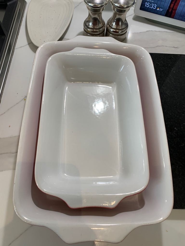 Two Red & White Ceramic Roasting Dishes – Good Condition