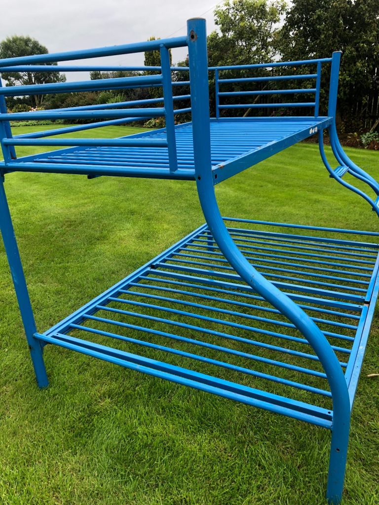 Blue metal triple bunk bed frame