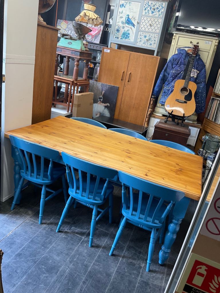 Vintage Rustic Dining Kitchen Farmhouse Pine Table & 6 Chairs Cash On Collection