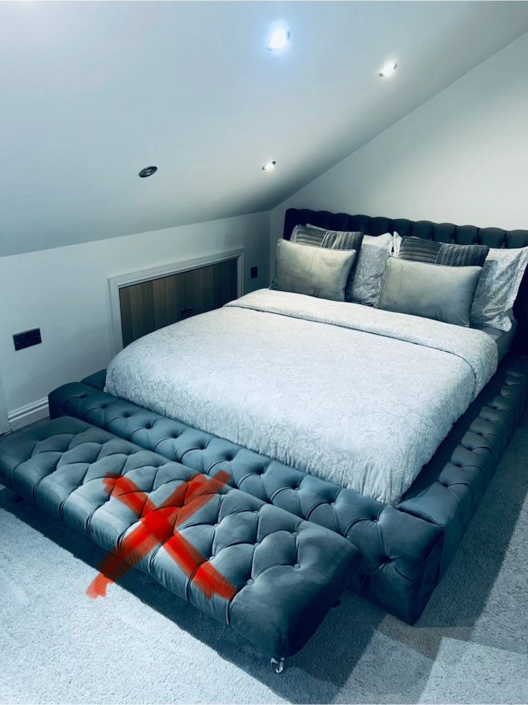 Kingsize grey velour bed frame & mattress