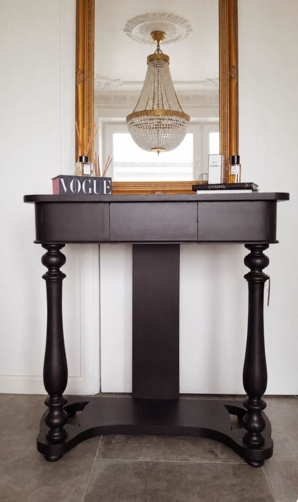 Beautiful bold black antique console table, dressing table with drawer