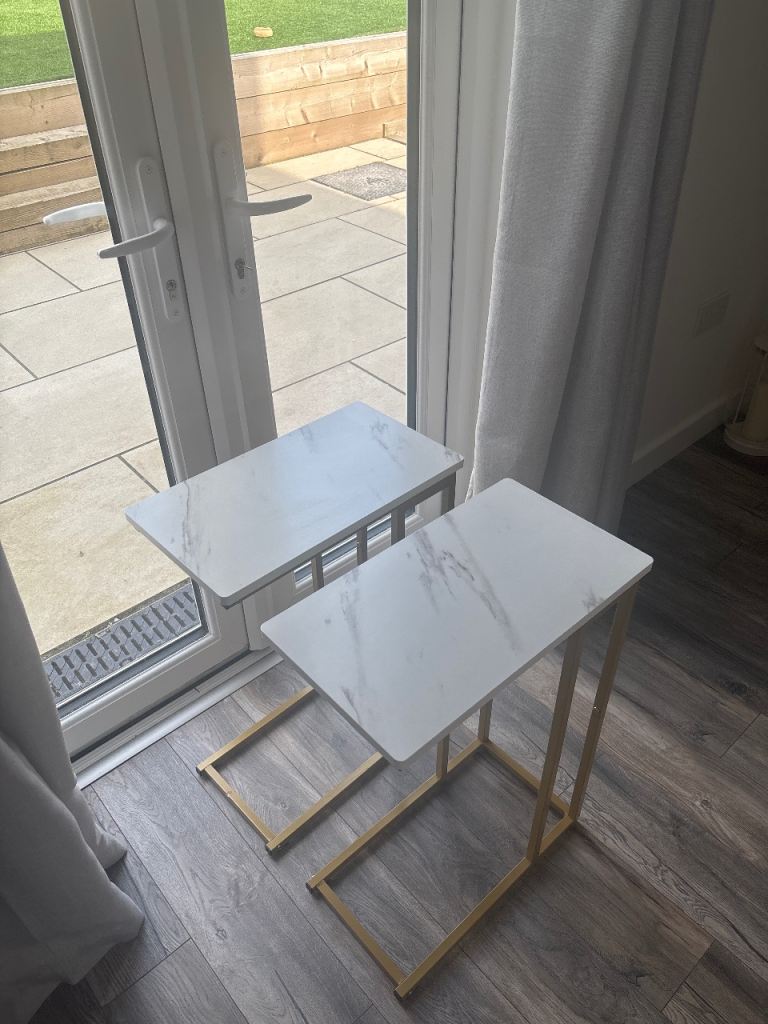 2 x Marble and gold C shape table 