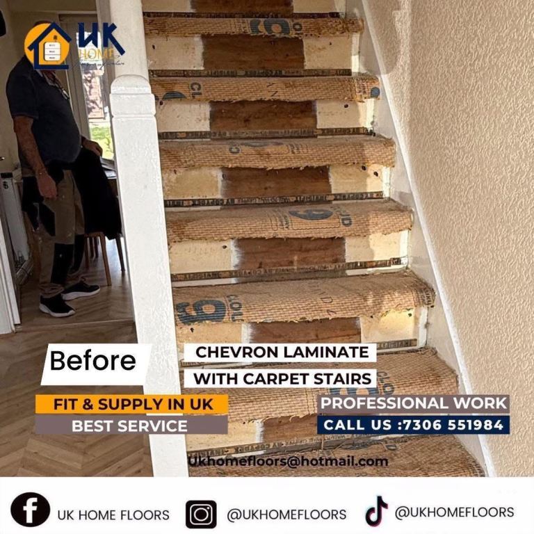 Low cost chevron laminate with carpet stairs 