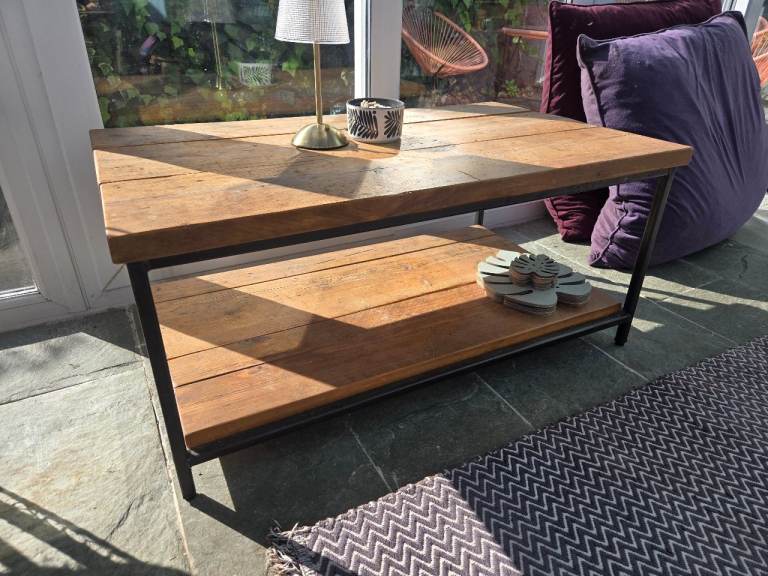 Wooden Coffee Table with Metal Frame and Shelf – Good Condition