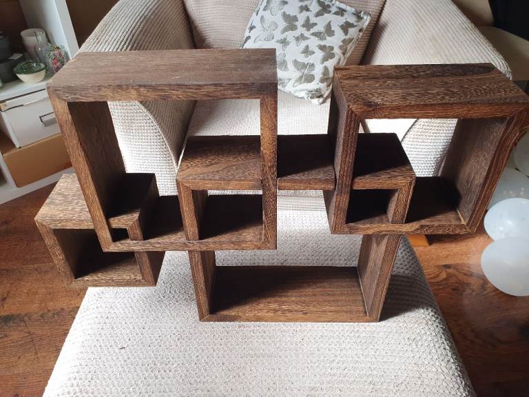 Pair of Wooden Cube Wall Shelves - Brown, Good Condition