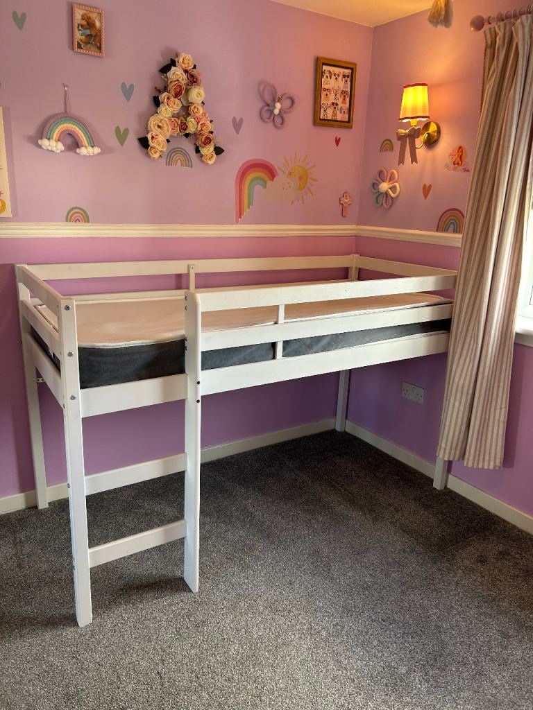 White Wooden mid Sleeper Bed Frame with Ladder