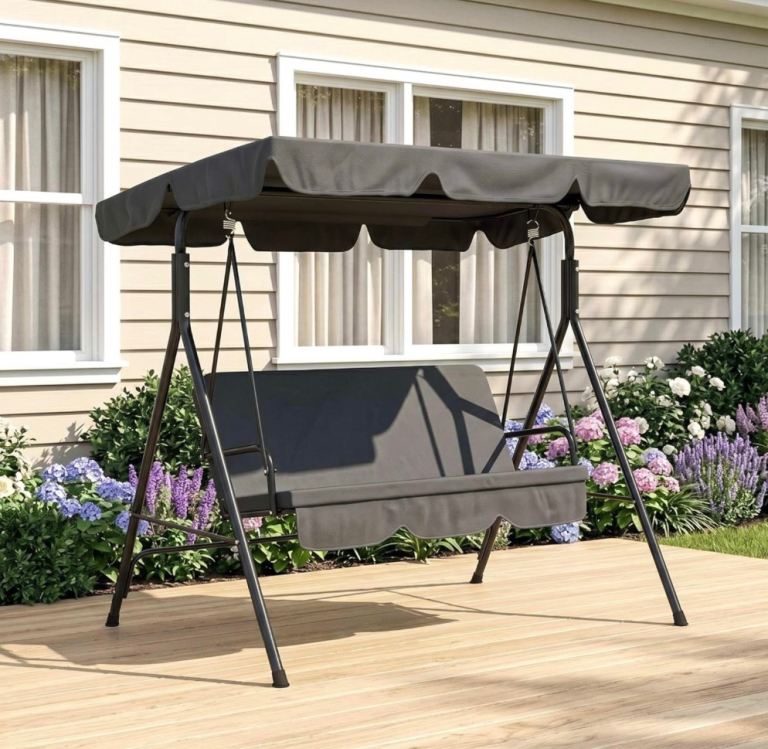 3 Seater Canopy Swing Chair Garden Rocking Bench Heavy Duty Patio Metal Seat w/ Top Roof - Black