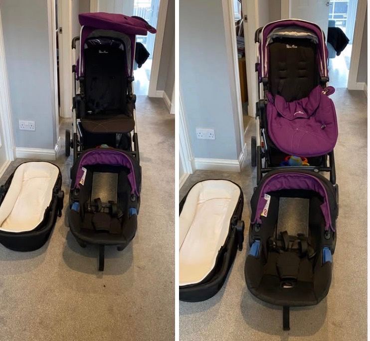 Silver Cross Pram & Car Seat Travel System - Purple, Good Condition