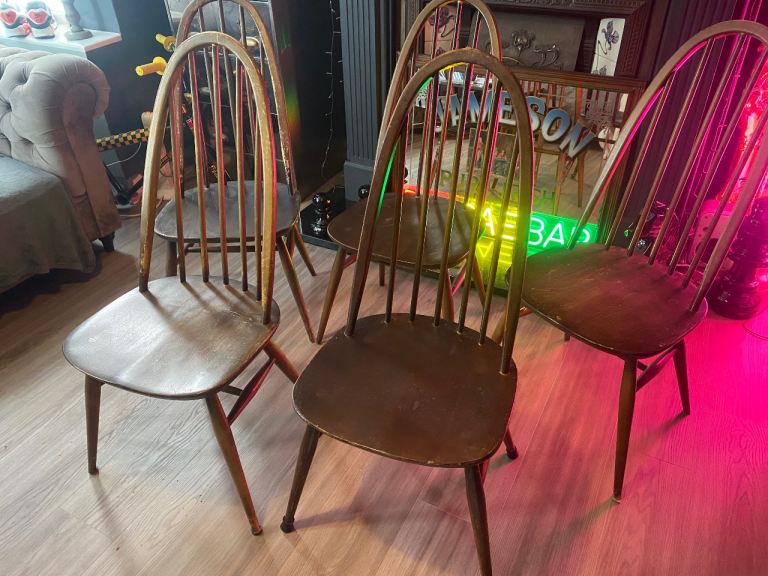 X 6 MID-CENTURY Ercol Quaker BLUE LABEL DINING CHAIRS UP-CYCLE IDEAL FOR PAINTING ,LOCAL DELIVERY