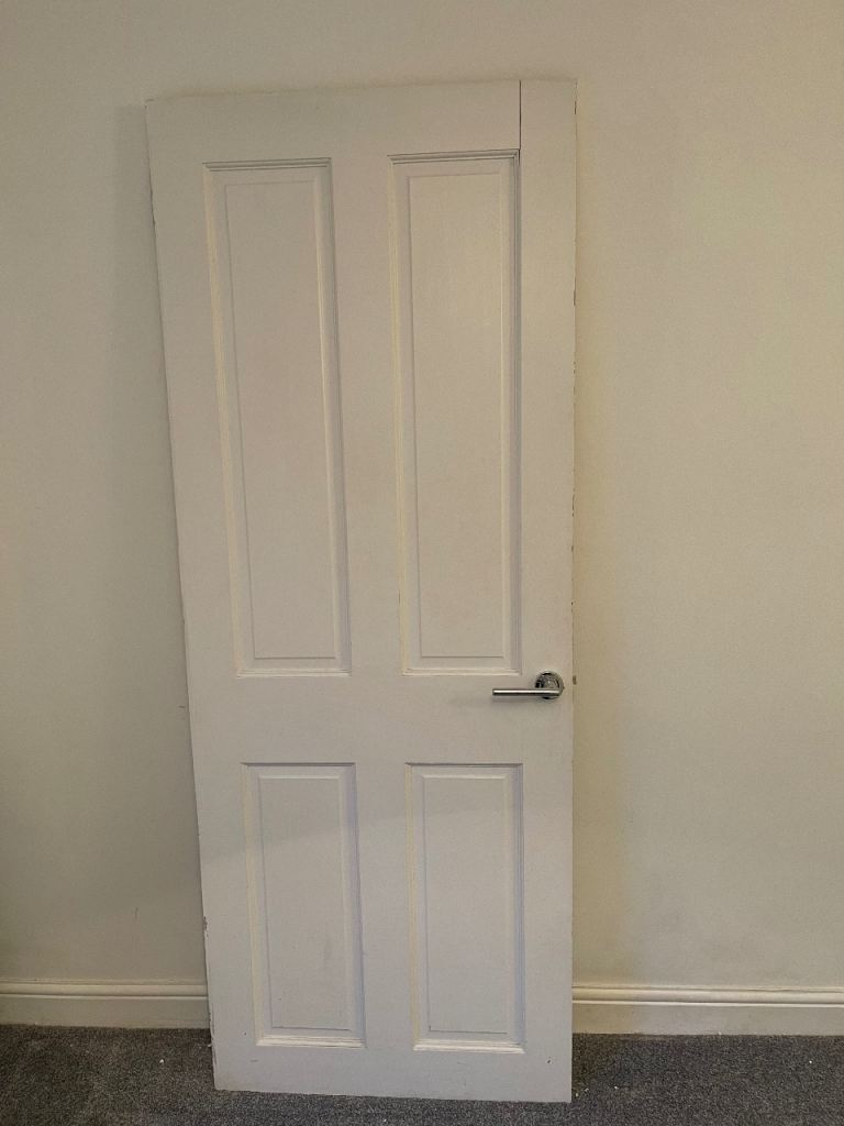 White Internal Four-Panel Door with Handle and Hinges