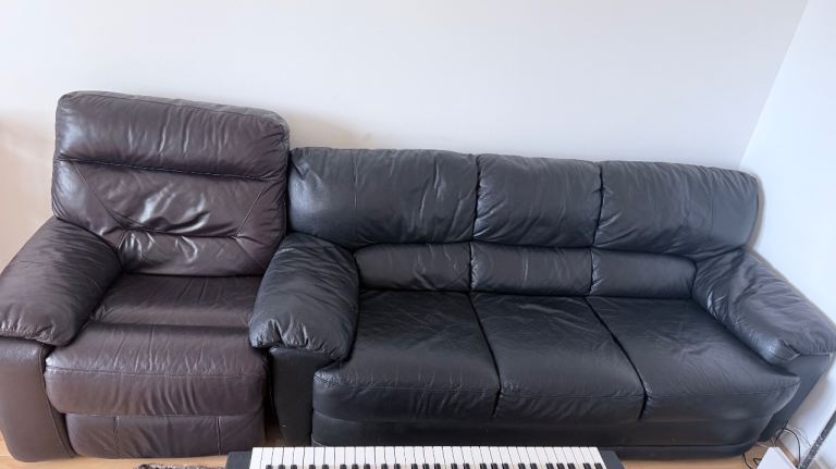 3 Seater Black Leather Sofa & 1 Seater Brown Recliner