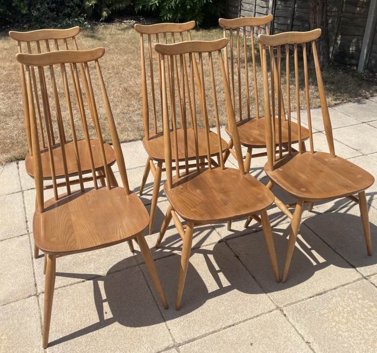 1960's Ercol 369 Blonde Goldsmith Windsor Dining Chairs Elm & Beech Set of 6