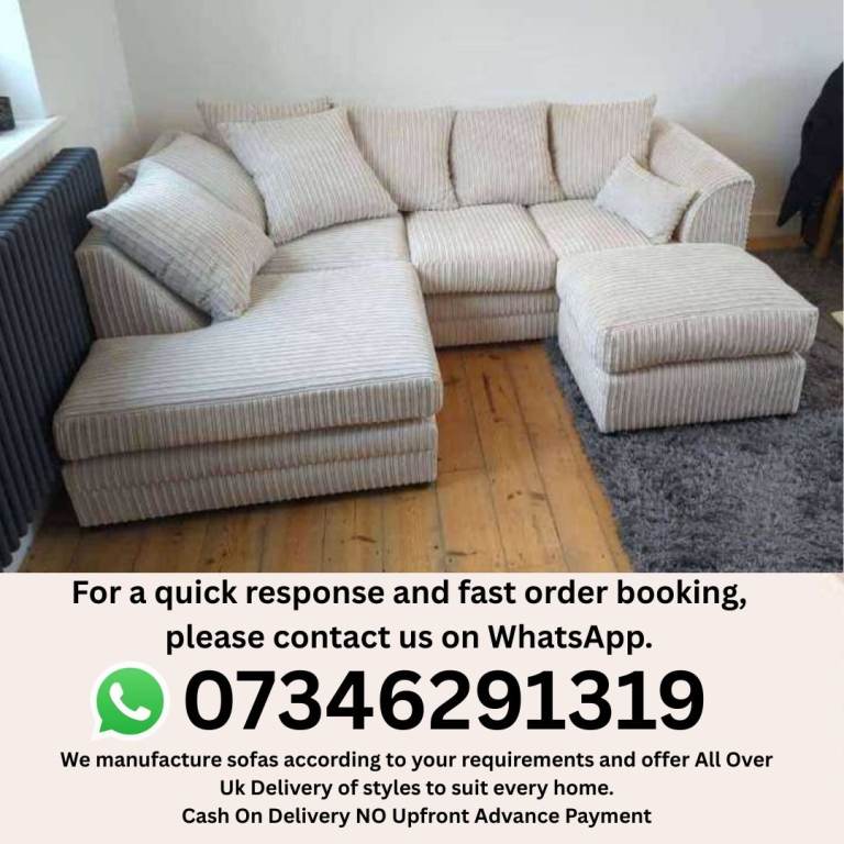 New Corner Sofa & Matching Footstool - Grey Cord Fabric