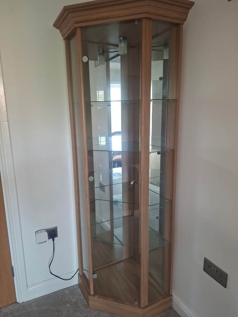 Corner Display Cabinet with Glass Shelves and Lighting