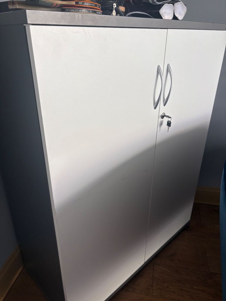 White/Grey Office Storage Cabinet with Shelves – Good Condition